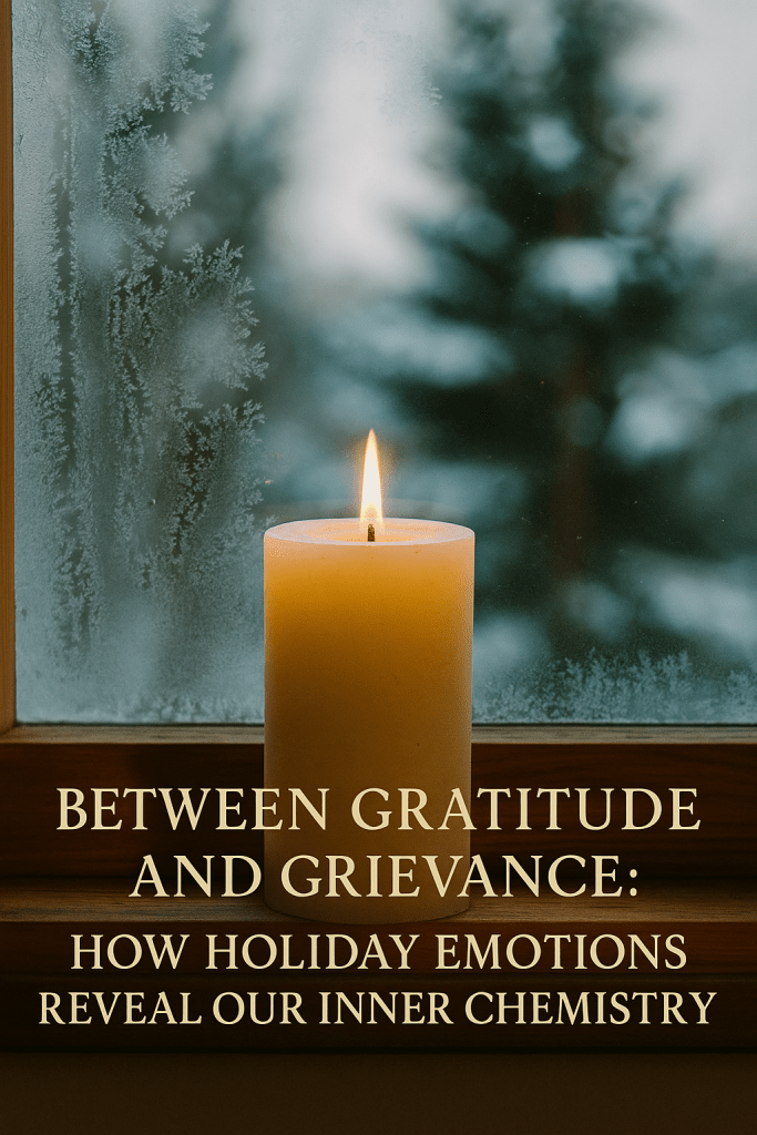 Candle burning beside a frosted window with overlaid text reading, "Between Gratitude and Grievance: How Holiday Emotions Reveal Our Inner Chemistry."